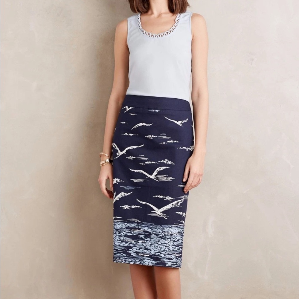 Anthropologie Maeve Shorebird Pencil Skirt Navy White Seagull Sea Nautical 4P S